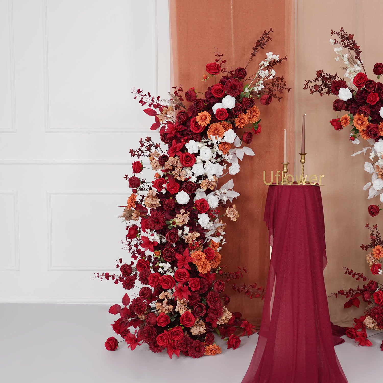 Uflower Autumn Red Rose Floral Arrangement Horn Arch Wedding Backdrop Decor